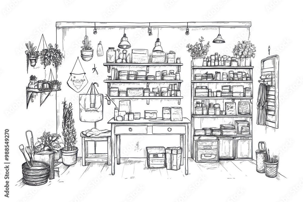 Naklejka premium Well-organized potting shed with plants, tools, and shelves, white isolated background.