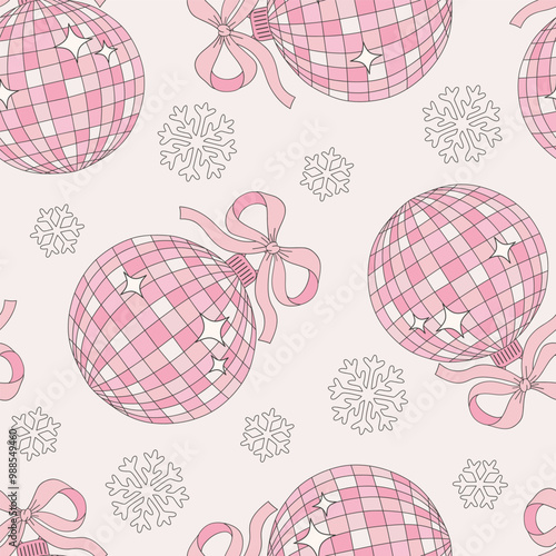Groovy pink disco Xmas ball vector seamless pattern. Coquette Christmas background.