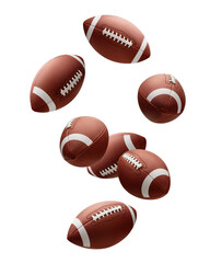 Falling American football ball, Rugby Ball isolated on white background, full depth of field