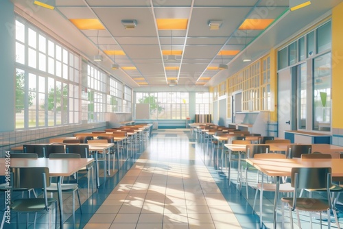 School Cafeteria Background. Interior of an Empty Elementary School Cafeteria