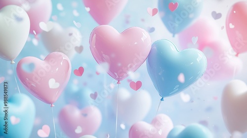 A dreamy scene of pastel pink, blue, and white heart-shaped balloons floating amidst heart-shaped confetti.