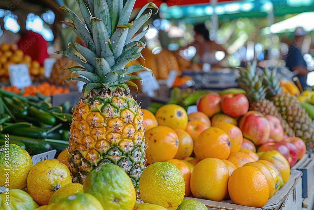 Tropical Produce. Vibrant Yellow and Green Pineapples Alongside Fresh Fruits at Maui Roadside Stand Tropical Produce. Vibrant Yellow and Green Pineapples Alongside Fresh Fruits at Maui Roadside Stand