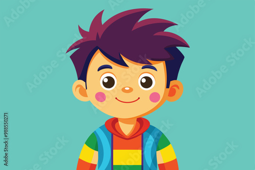 The colorful boy with a joyful expression stands confidently, ready for adventure, a cartoon character colorful boy