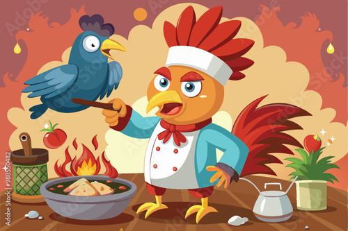 A rooster chef angrily gestures at a hen while preparing a dish in a vibrant kitchen setting, a cartoon character cook angry hen rooster
