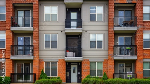 Front of Apartment Building in Suburban America. Closeup View of New Brick Building Exterior