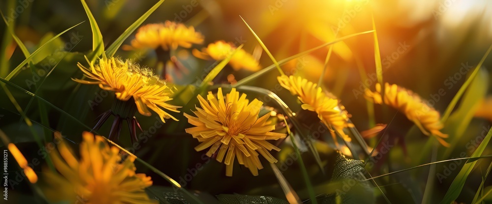 Macro shot of grass blades with yellow dandelions, backlit by the golden hour light