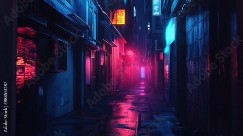 Neon-lit rain-slicked alleyway at night.