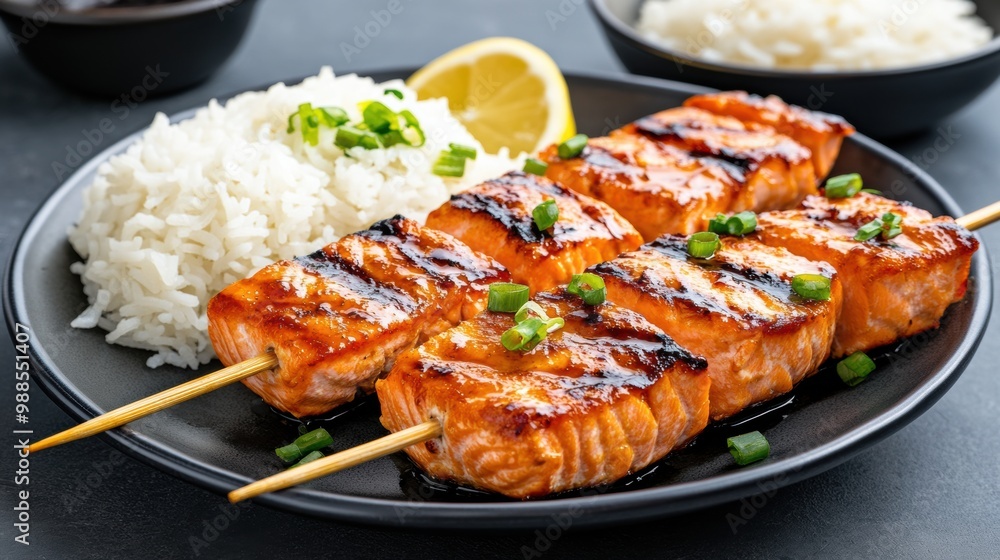 Grilled Salmon Skewers with Rice and Lemon Slice Grilled Salmon Skewers with Rice and Lemon Slice
