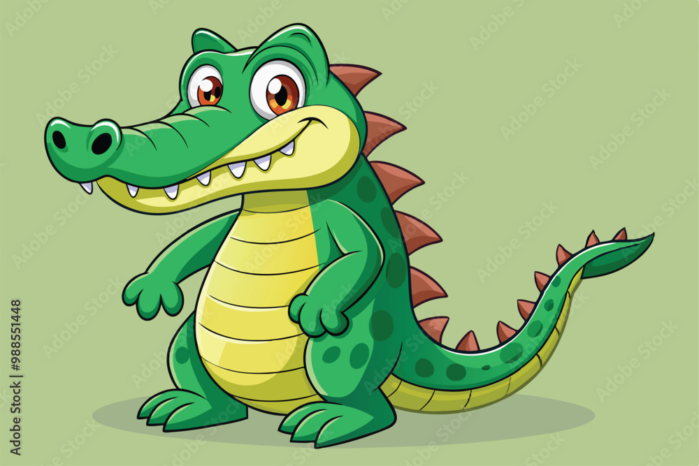 Obraz premium A cartoon crocodile with a big smile poses playfully, showcasing its bright colors against a soft backdrop, a cartoon character crocodile