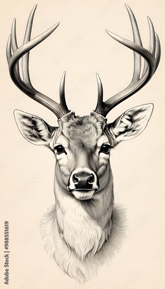 Fototapeta premium drawing deer pencil ad horns cervid vignetting art line animal tattoo horn portrait face head muzzle fantasy male stag look cute hand drawn big branched eye fairy tale illustration t-shirt design