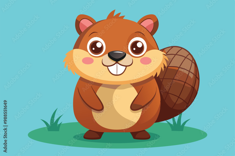 Obraz premium A cute and adorable beaver smiles while standing on grass in a sunny outdoor setting, a cartoon character Cute adorable beaver