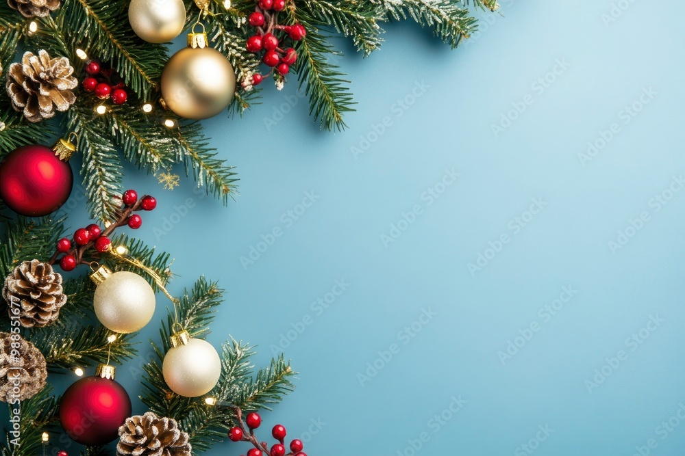 Christmas composition decor on a blue background , copy space with generative ai Christmas composition decor on a blue background , copy space with generative ai