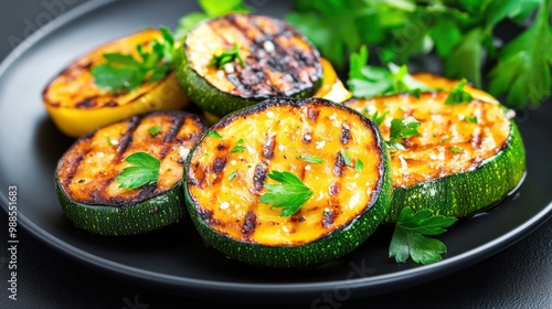 Grilled Vegetables on a Black Plate with Fresh Herbs