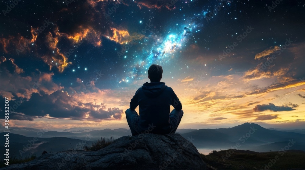 Stargazer's Solitude: Surreal Landscape with Night Sky and Cosmic Silhouette Under Milky Way Stargazer's Solitude: Surreal Landscape with Night Sky and Cosmic Silhouette Under Milky Way