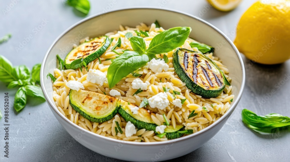 Fresh Orzo with Grilled Zucchini and Lemon Garnish Fresh Orzo with Grilled Zucchini and Lemon Garnish