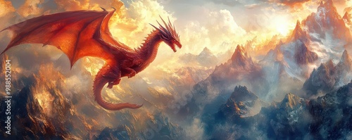 Mystical dragon flying over mountains, fantasy, rich colors, watercolor photo