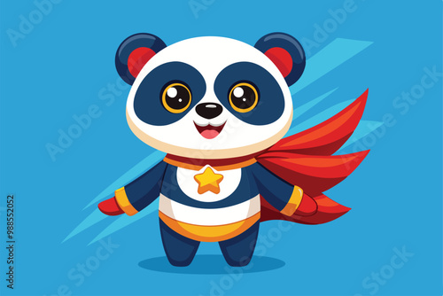 A cheerful panda character in a superhero costume stands heroically with a bright blue backdrop, a cartoon character Cute adorable panda with hero dress cartoon character