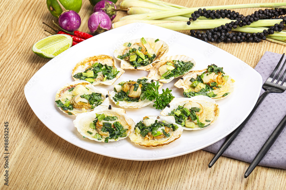 Grilled scallops with green onion Grilled scallops with green onion