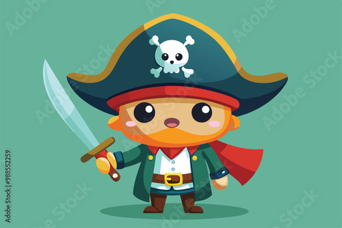 An adorable cartoon pirate character smiles while brandishing a shiny sword, a cartoon character cute a pirate hat holding a sword
