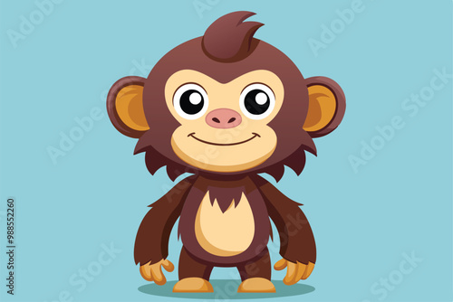 A cheerful cartoon ape character smiles as it stands on a vibrant background, a cartoon character cute ape
