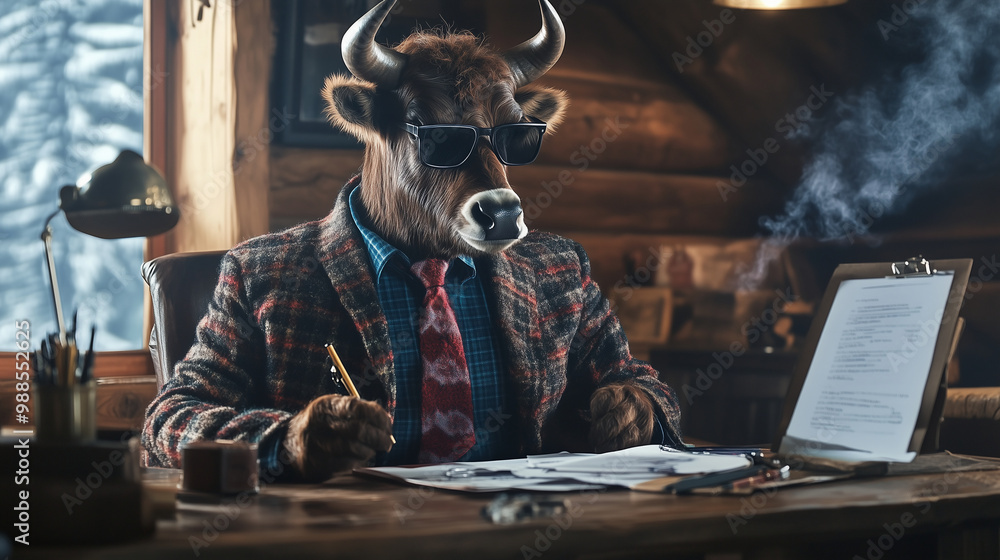 Fototapeta premium A yak in a woolen suit sitting at a rustic desk in a mountain cabin, reviewing business plans.
