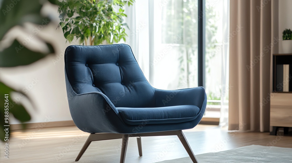 A blue armchair sits in a living room with a large window and plants. A blue armchair sits in a living room with a large window and plants.