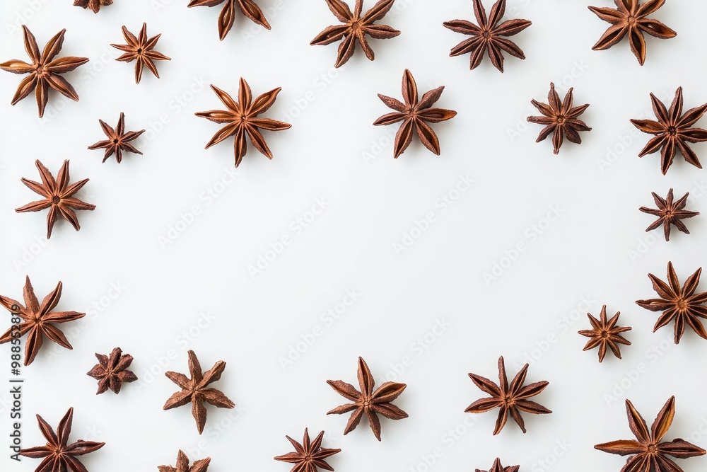 Christmas concept of branches with anise on white background. Flat lay, top view with generative ai Christmas concept of branches with anise on white background. Flat lay, top view with generative ai