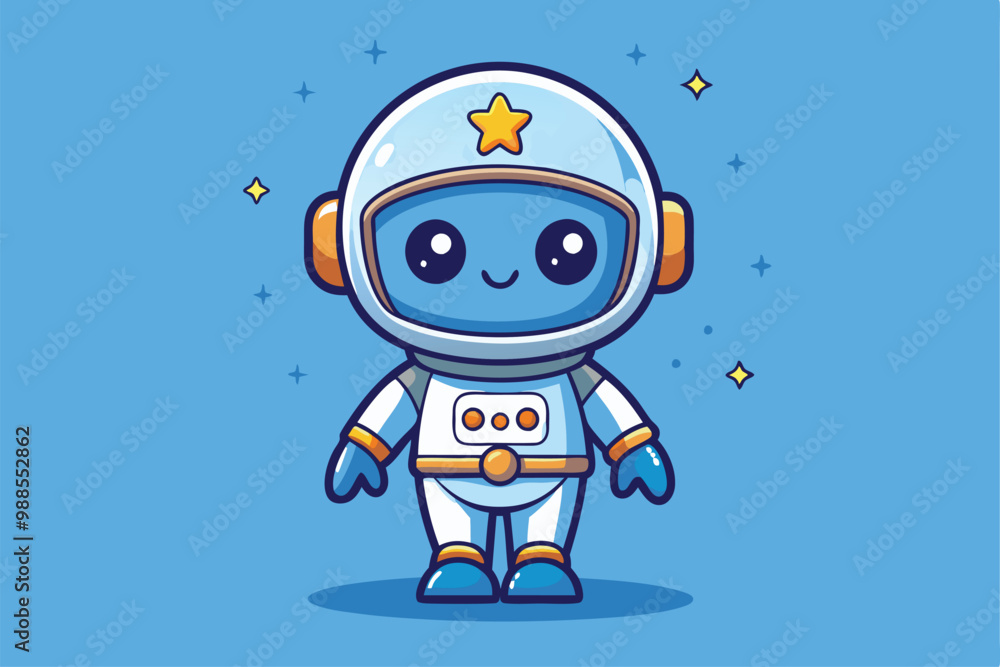 Fototapeta premium A cheerful astronaut mascot with a star on the helmet is ready for exploration, a cartoon character cute astronaut mascot