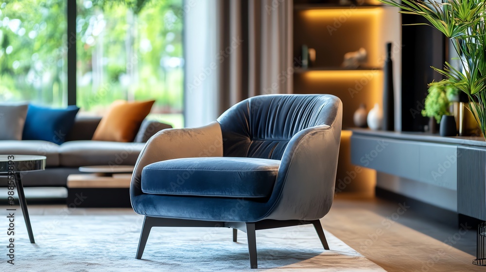 A blue velvet armchair in a modern living room. A blue velvet armchair in a modern living room.