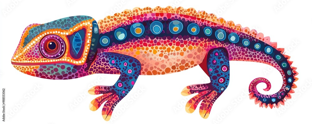 Obraz premium Colorful and artistic illustration of a vibrant chameleon with intricate patterns and detailed features, perfect for nature-themed designs.