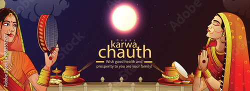 creative karwa chauth festival celebration banner illustration with beautiful married womans,moon and puja thali. 
