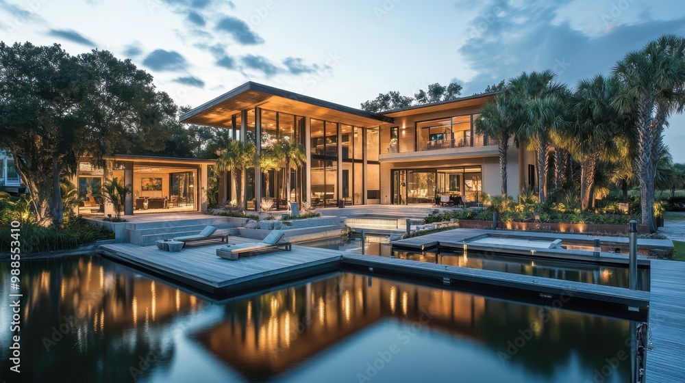 Stunning Luxury Waterfront Villa with Reflection Pool at Sunset Stunning Luxury Waterfront Villa with Reflection Pool at Sunset