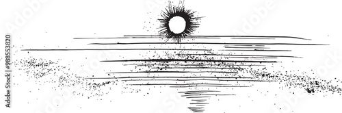 初日の出　海に沈む太陽　手書きの毛筆イラスト