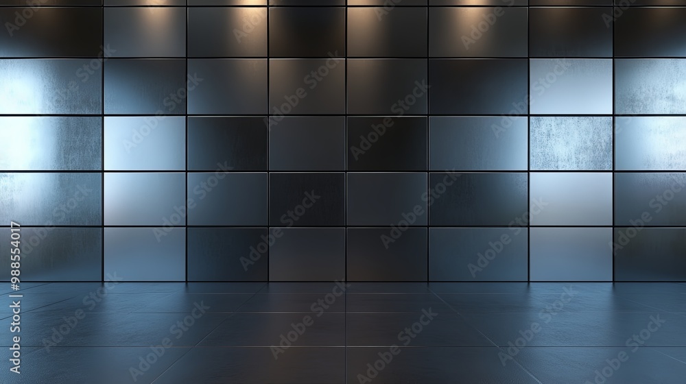 A sleek, modern interior featuring a wall of polished tiles, ideal for showcasing products or art. A sleek, modern interior featuring a wall of polished tiles, ideal for showcasing products or art.