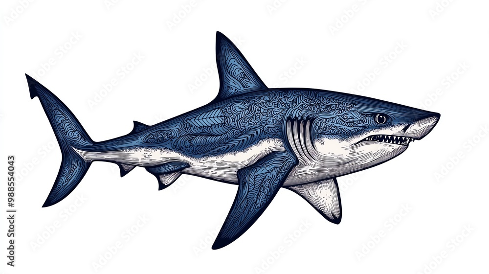 Fototapeta premium Illustration of a fierce shark, showcasing its powerful form and striking features, perfect for marine-themed projects.