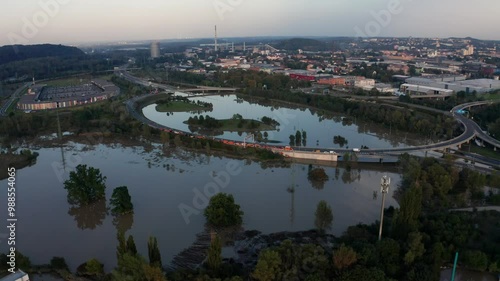 Drone shot over flooded roundabout and highway in Ostrava photo