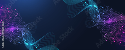 Digital technology abstract background with AI circuit board texture. Technology connected blue lines with electronics elements on tech BG. Semiconductor hardware. Cyber engineering.