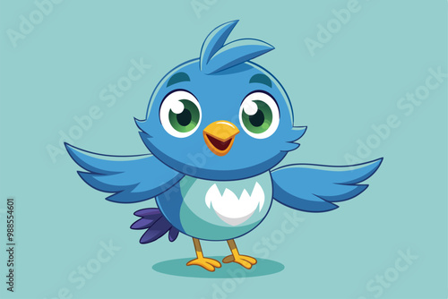 The cute bird with green eyes joyfully flaps its wings, inviting fun and happiness, a cartoon character cute bird