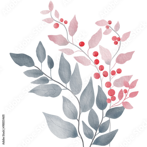 Watercolor illustration of delicate leaves and red berries.