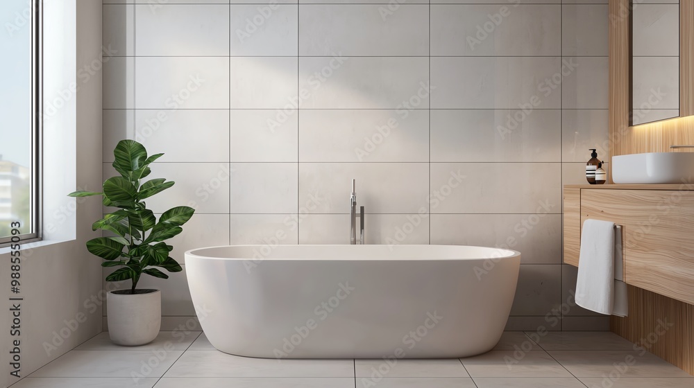 Modern bathroom featuring a stylish freestanding bathtub, natural light, and minimalist design elements for a soothing atmosphere. Modern bathroom featuring a stylish freestanding bathtub, natural light, and minimalist design elements for a soothing atmosphere.