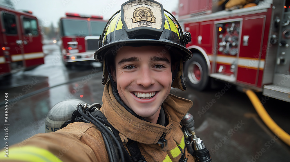 Smiling Firefighter Taking a Selfie in Front of a Fire Truck on a Rainy Day Wearing Full Gear Smiling Firefighter Taking a Selfie in Front of a Fire Truck on a Rainy Day Wearing Full Gear