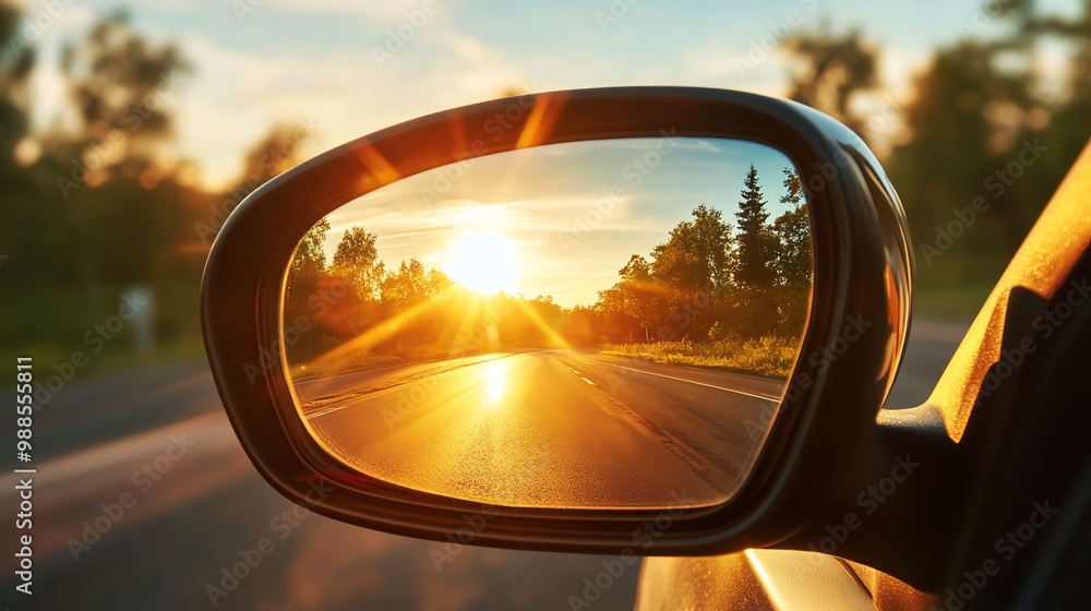 A car mirror reflecting a sunset over a country road. A car mirror reflecting a sunset over a country road.