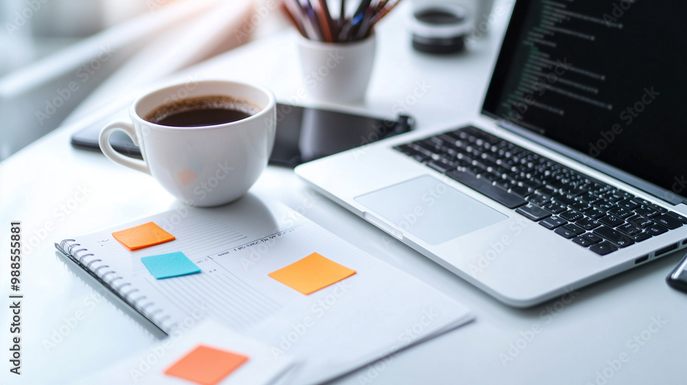 A vibrant white desk setting with creative tools, including a graphic tablet, colorful sticky notes, pens, a to-do list, and a cup of coffee, next to an open laptop. A vibrant white desk setting with creative tools, including a graphic tablet, colorful sticky notes, pens, a to-do list, and a cup of coffee, next to an open laptop.