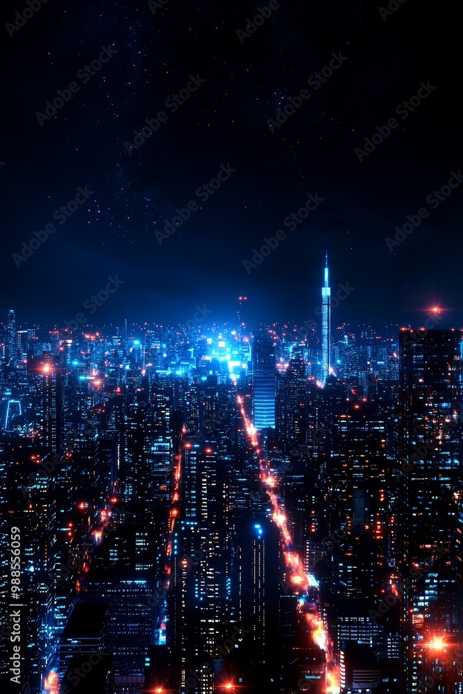 A futuristic cityscape at night, neon lights illuminating skyscrapers that stretch towards the heavens A futuristic cityscape at night, neon lights illuminating skyscrapers that stretch towards the heavens