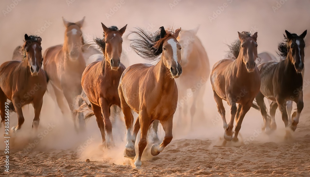 Horse portrait in motion. Horse portrait in herd in motion in desert dust. Black and white Horse portrait in motion. Horse portrait in herd in motion in desert dust. Black and white