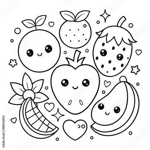 chibbi or kawaii style fruit coloring page for kids ,  cute fruit doodle 