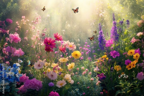 A vibrant tropical rainforest with towering trees, large ferns, and exotic flowers, all illuminated by soft sunlight filtering through the dense canopy above