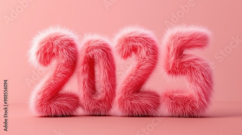 3D pink number "2025" made of fluffy fur, pink background, soft lighting and shadow effect.