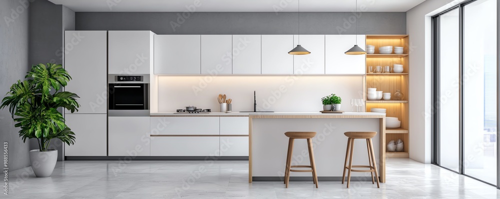 Modern minimalist kitchen design featuring a sleek island, natural light, and stylish decor for contemporary living. Modern minimalist kitchen design featuring a sleek island, natural light, and stylish decor for contemporary living.