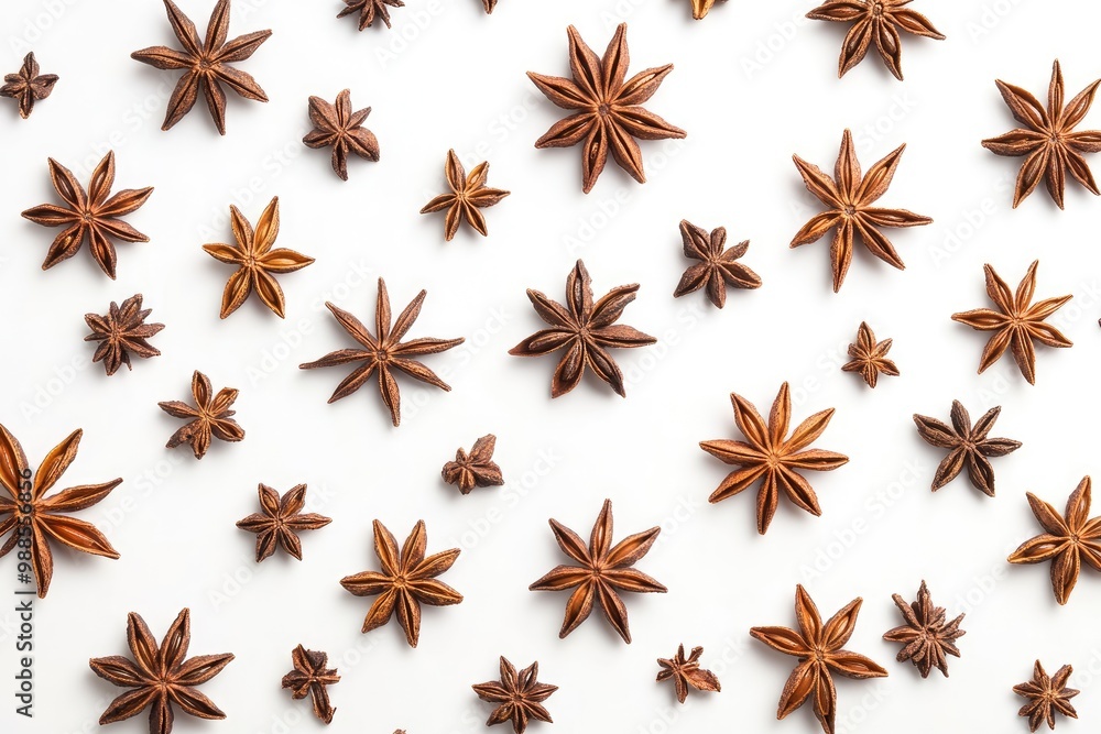 Christmas concept of branches with anise on white background. Flat lay, top view with generative ai Christmas concept of branches with anise on white background. Flat lay, top view with generative ai